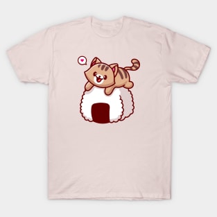 Cute Cat On Onigiri Cartoon T-Shirt